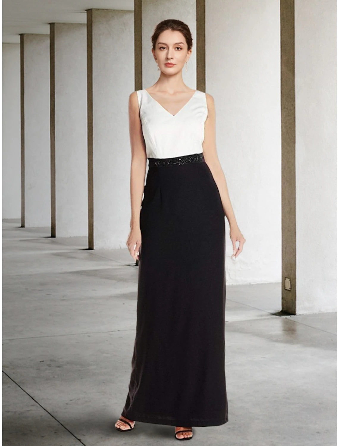 Luolandi Two Piece Sheath / Column Mother of the Bride Dress Wedding Guest Elegant Black Dress V Neck Ankle Length Chiffon Half Sleeve with Sequin Split